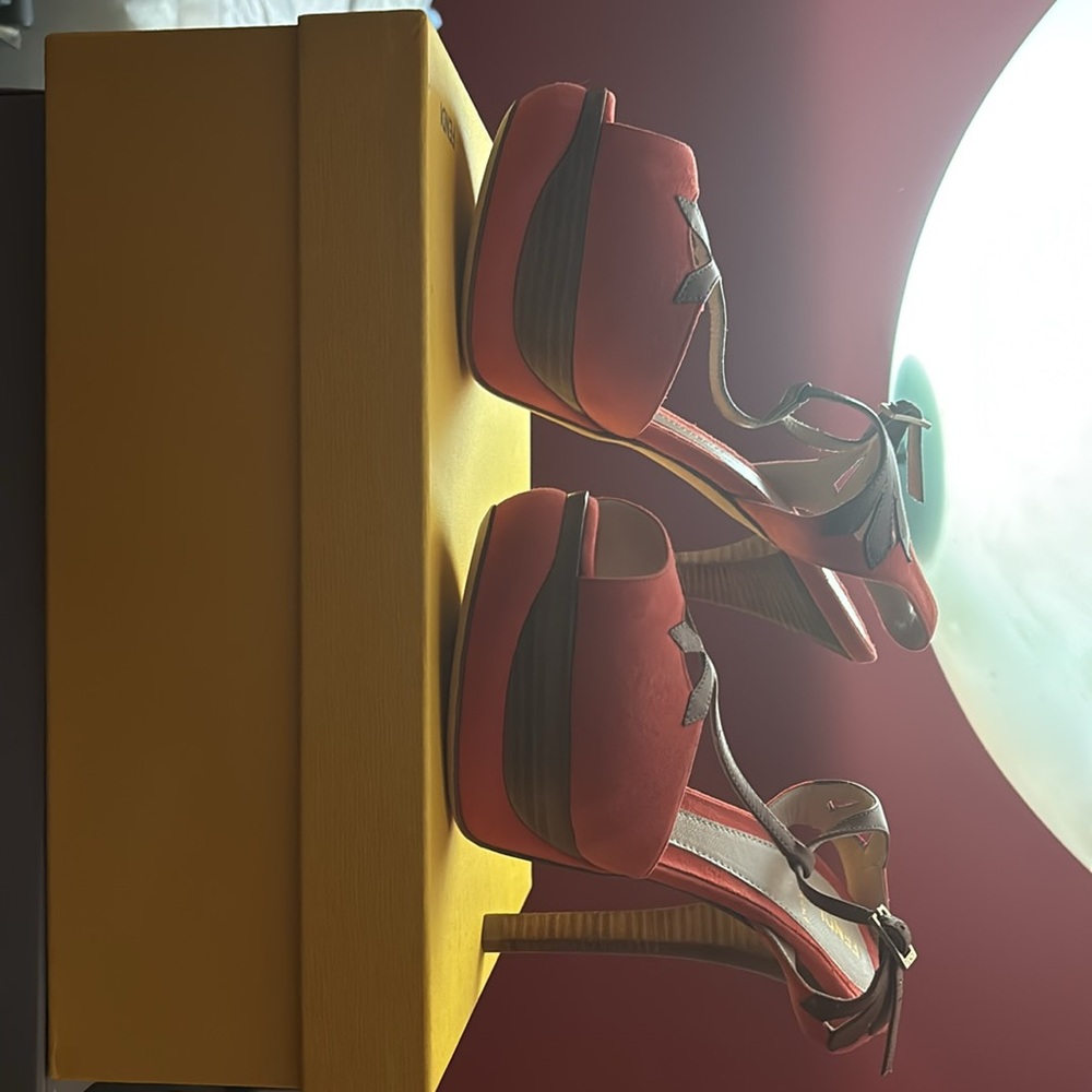 Fendi Geranium Cognac suede & wood platform heels.  Size 7.